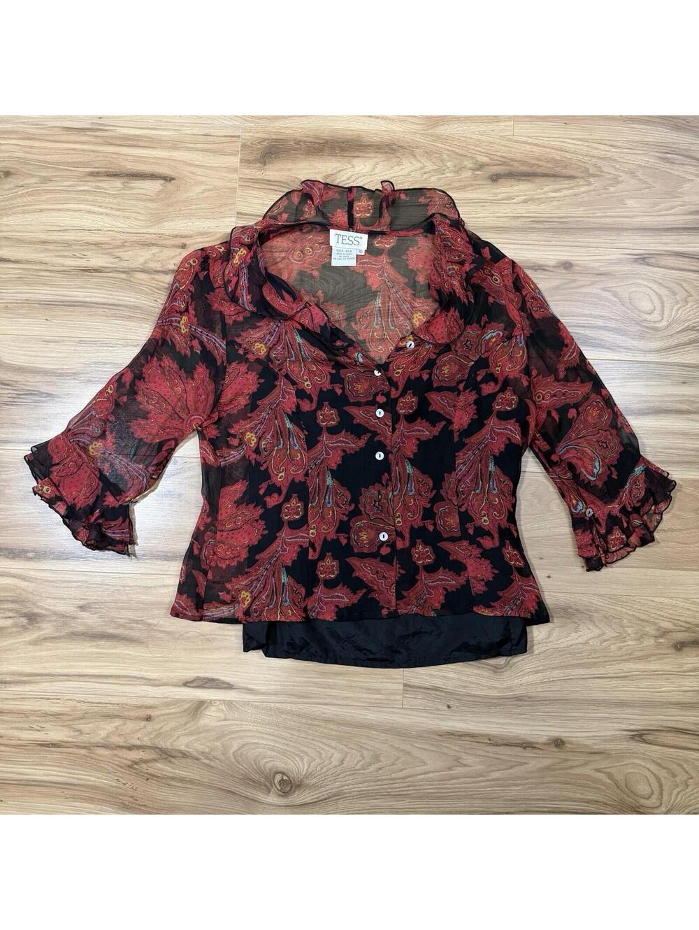 Vintage Tess 100% Silk Paisley Ruffle Blouse Y2K Cottagecore Black Red Sz 12
